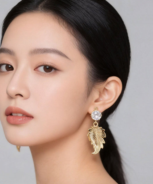 Retro Golden Leaves Zircon Metal Drop Earrings