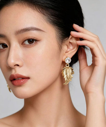 Retro Golden Leaves Zircon Metal Drop Earrings