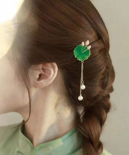 Retro Green Alloy Pearl Lotus Leaf Tassel Hairpin