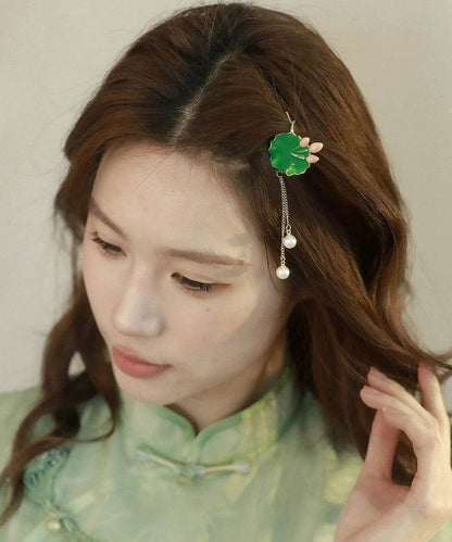 Retro Green Alloy Pearl Lotus Leaf Tassel Hairpin