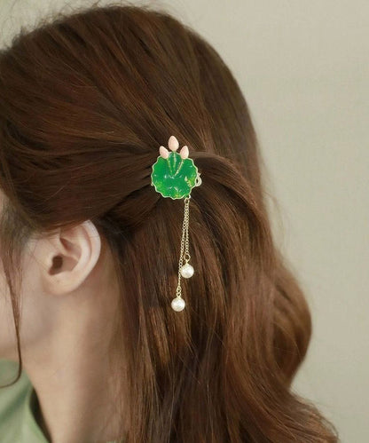 Retro Green Alloy Pearl Lotus Leaf Tassel Hairpin