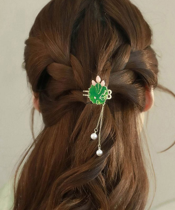 Retro Green Alloy Pearl Lotus Leaf Tassel Hairpin