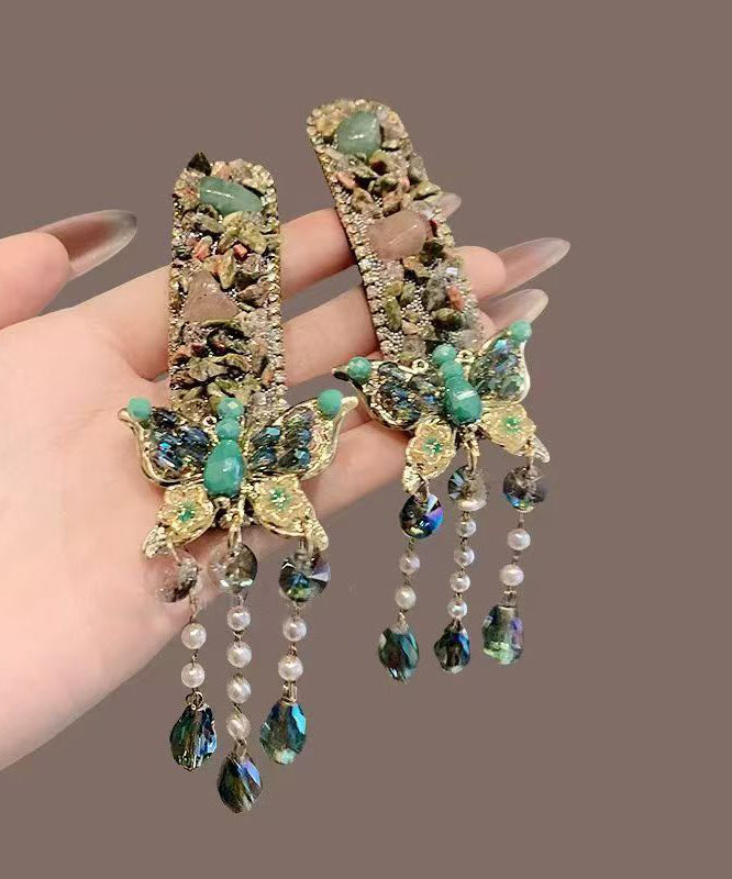 Retro Green Alloy Zircon Butterfly Tassel A Pair Hairpin
