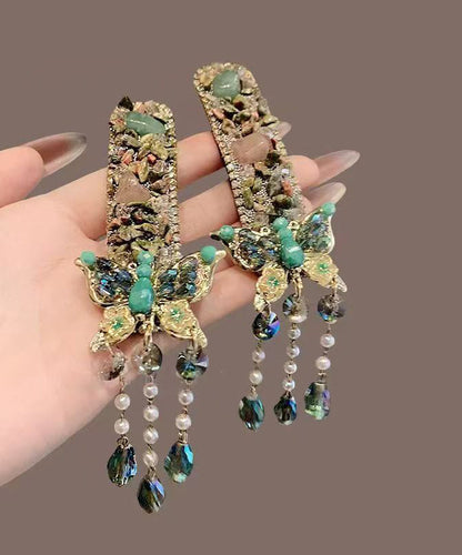 Retro Green Alloy Zircon Butterfly Tassel A Pair Hairpin