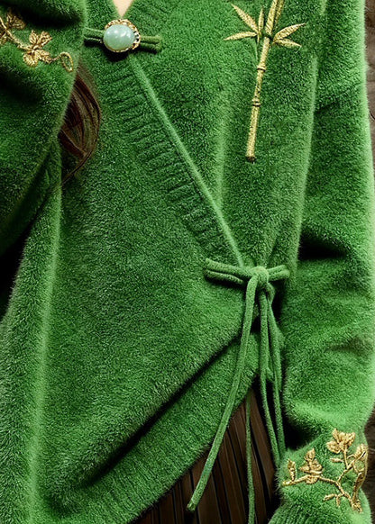 Retro Green Embroidered Cozy Cotton Knit Sweaters Fall