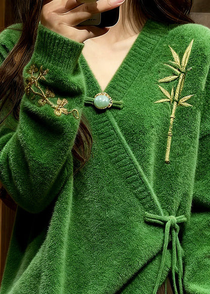 Retro Green Embroidered Cozy Cotton Knit Sweaters Fall