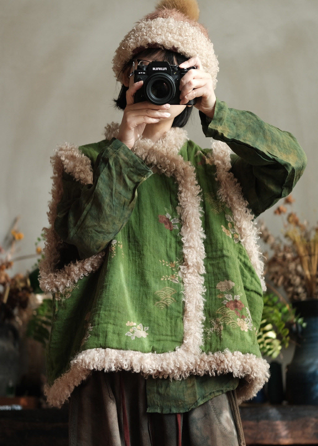 Retro Green Faux Fur Patchwork Fine Cotton Filled Vest Winter