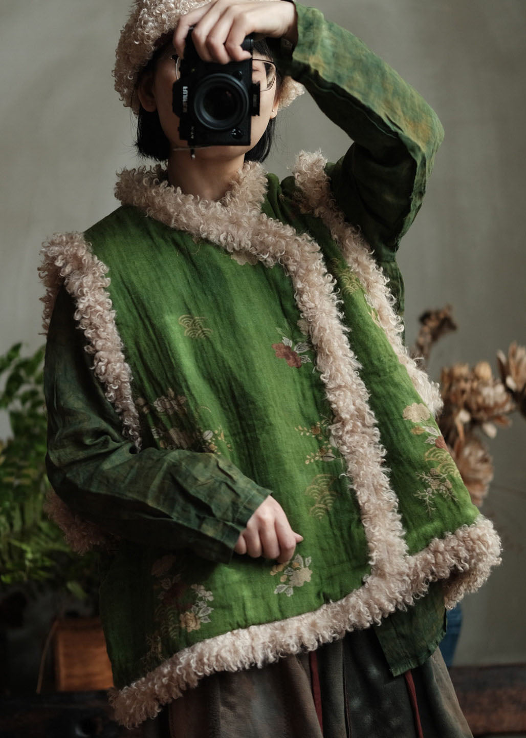 Retro Green Faux Fur Patchwork Fine Cotton Filled Vest Winter