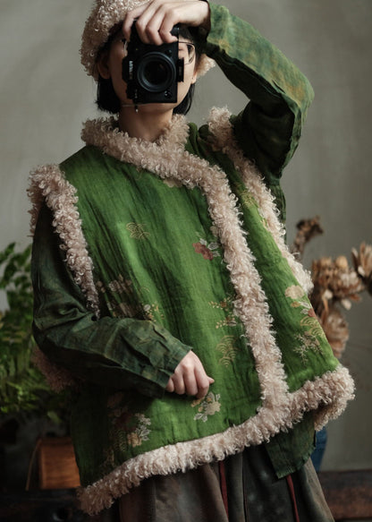 Retro Green Faux Fur Patchwork Fine Cotton Filled Vest Winter
