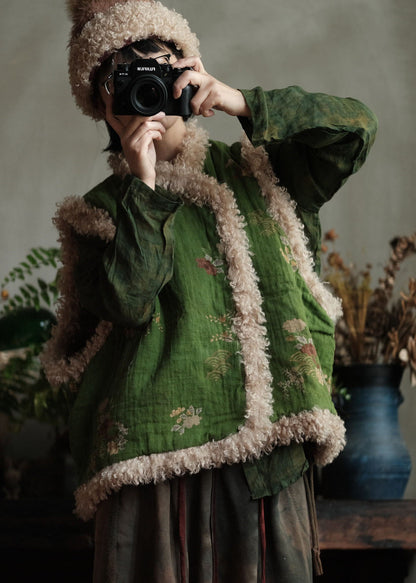 Retro Green Faux Fur Patchwork Fine Cotton Filled Vest Winter