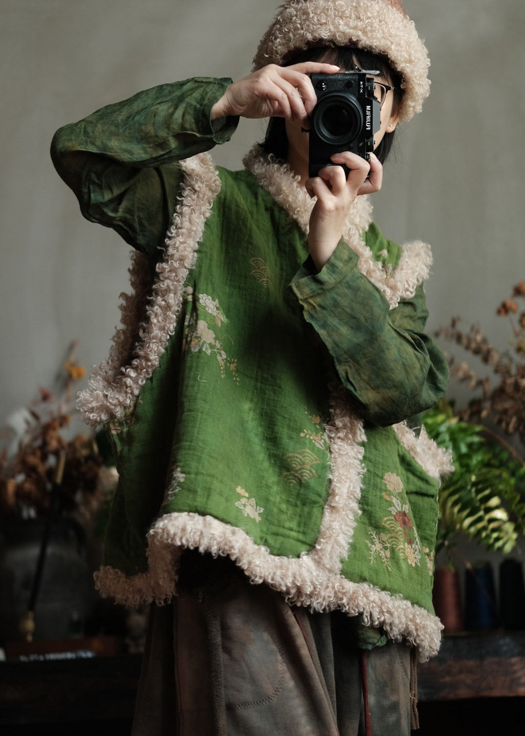 Retro Green Faux Fur Patchwork Fine Cotton Filled Vest Winter