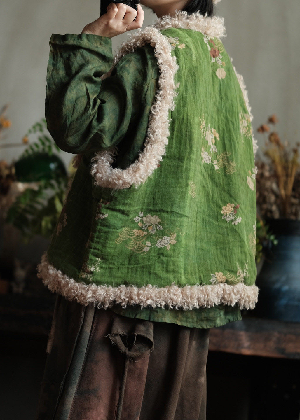 Retro Green Faux Fur Patchwork Fine Cotton Filled Vest Winter