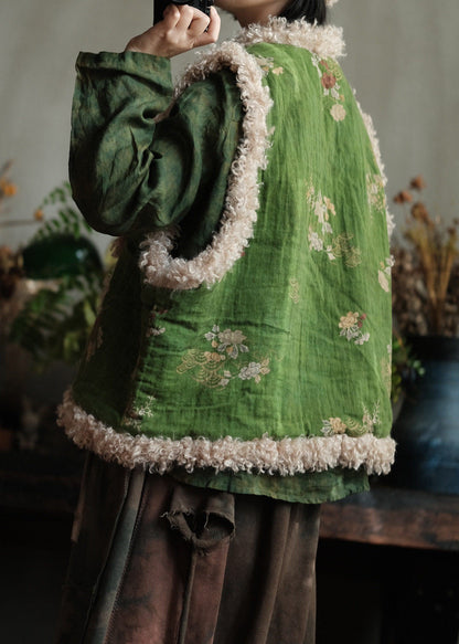 Retro Green Faux Fur Patchwork Fine Cotton Filled Vest Winter