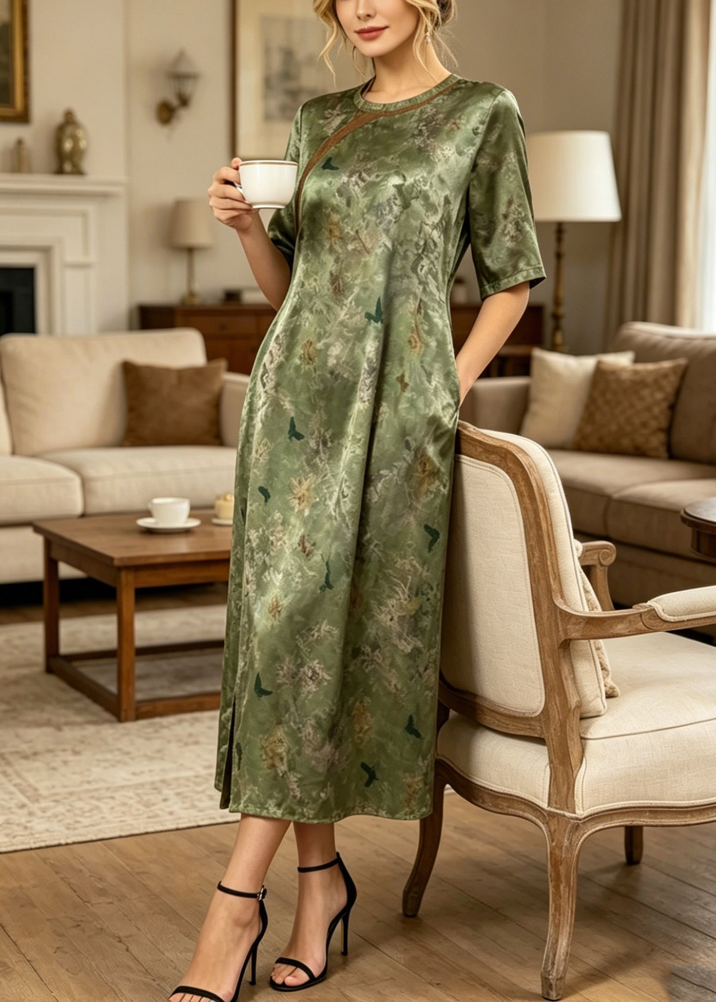 Retro Green O-Neck Patchwork Side Open Silk Long Dress Summer