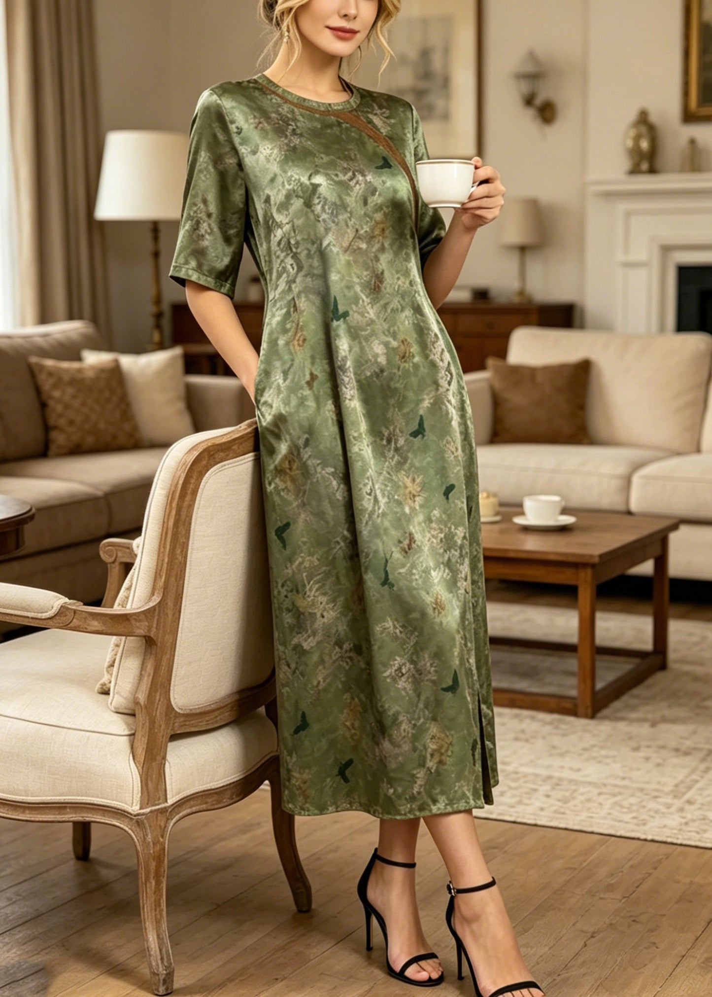 Retro Green O-Neck Patchwork Side Open Silk Long Dress Summer