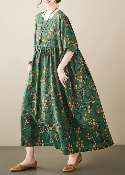 Retro Green O-Neck Print Wrinkled Cotton Maxi Dress Short Sleeve