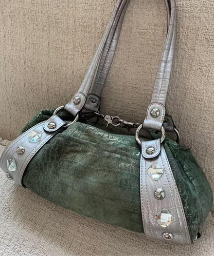 Retro Green Patchwork Faux Leather Shoulder Bag