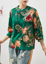 Load image into Gallery viewer, Retro Green Print Chinese Button Cotton Top Fall