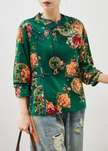 Load image into Gallery viewer, Retro Green Print Chinese Button Cotton Top Fall