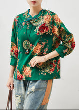 Load image into Gallery viewer, Retro Green Print Chinese Button Cotton Top Fall