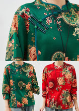 Load image into Gallery viewer, Retro Green Print Chinese Button Cotton Top Fall