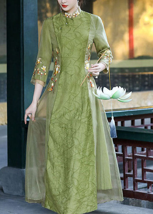 Retro Green Stand Collar Embroideried Patchwork Silk Dresses Spring