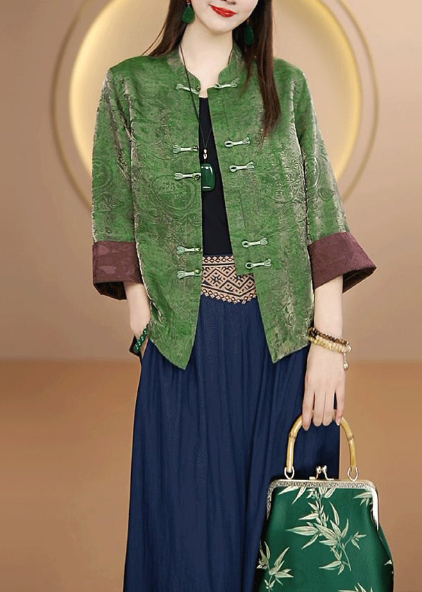 Retro Green Stand Collar Oriental Button Silk Cardigans Bracelet Sleeve