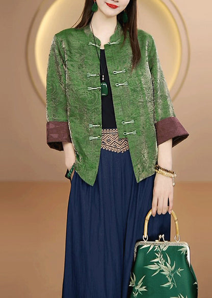 Retro Green Stand Collar Oriental Button Silk Cardigans Bracelet Sleeve