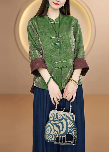 Retro Green Stand Collar Oriental Button Silk Cardigans Bracelet Sleeve