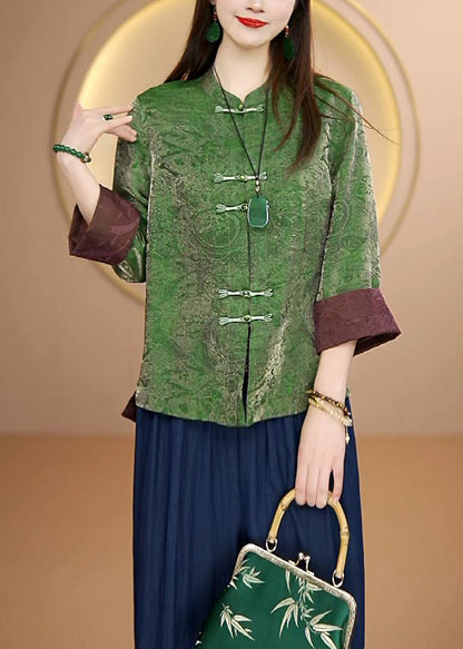 Retro Green Stand Collar Oriental Button Silk Cardigans Bracelet Sleeve