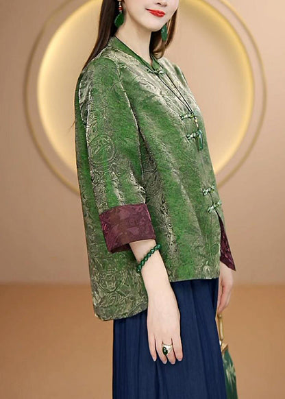 Retro Green Stand Collar Oriental Button Silk Cardigans Bracelet Sleeve