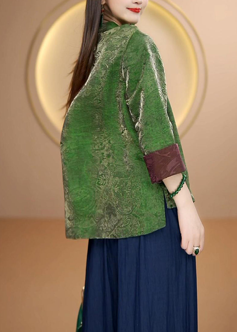 Retro Green Stand Collar Oriental Button Silk Cardigans Bracelet Sleeve