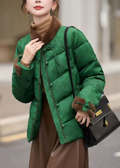 Retro Green Stand Collar Patchwork Duck Down Down Coats Winter