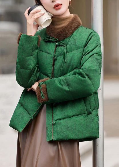 Retro Green Stand Collar Patchwork Duck Down Down Coats Winter