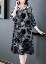Load image into Gallery viewer, Retro Grey O-Neck Embroidered Hollow Out Party Long Dress Summer