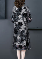 Retro Grey O-Neck Embroidered Hollow Out Party Long Dress Summer