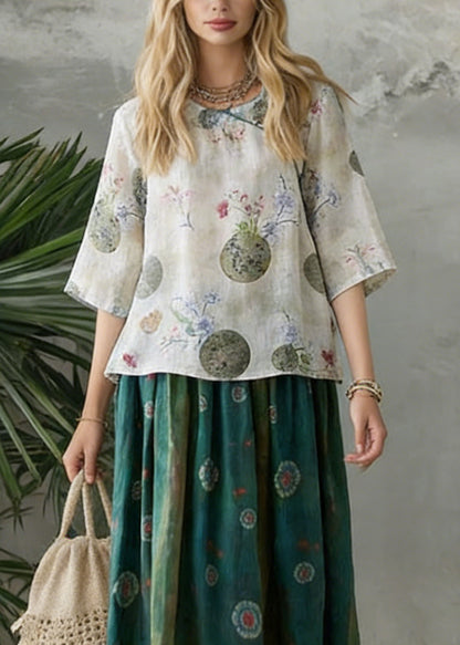 Retro Light Green O-Neck Print Blouse Spring Top