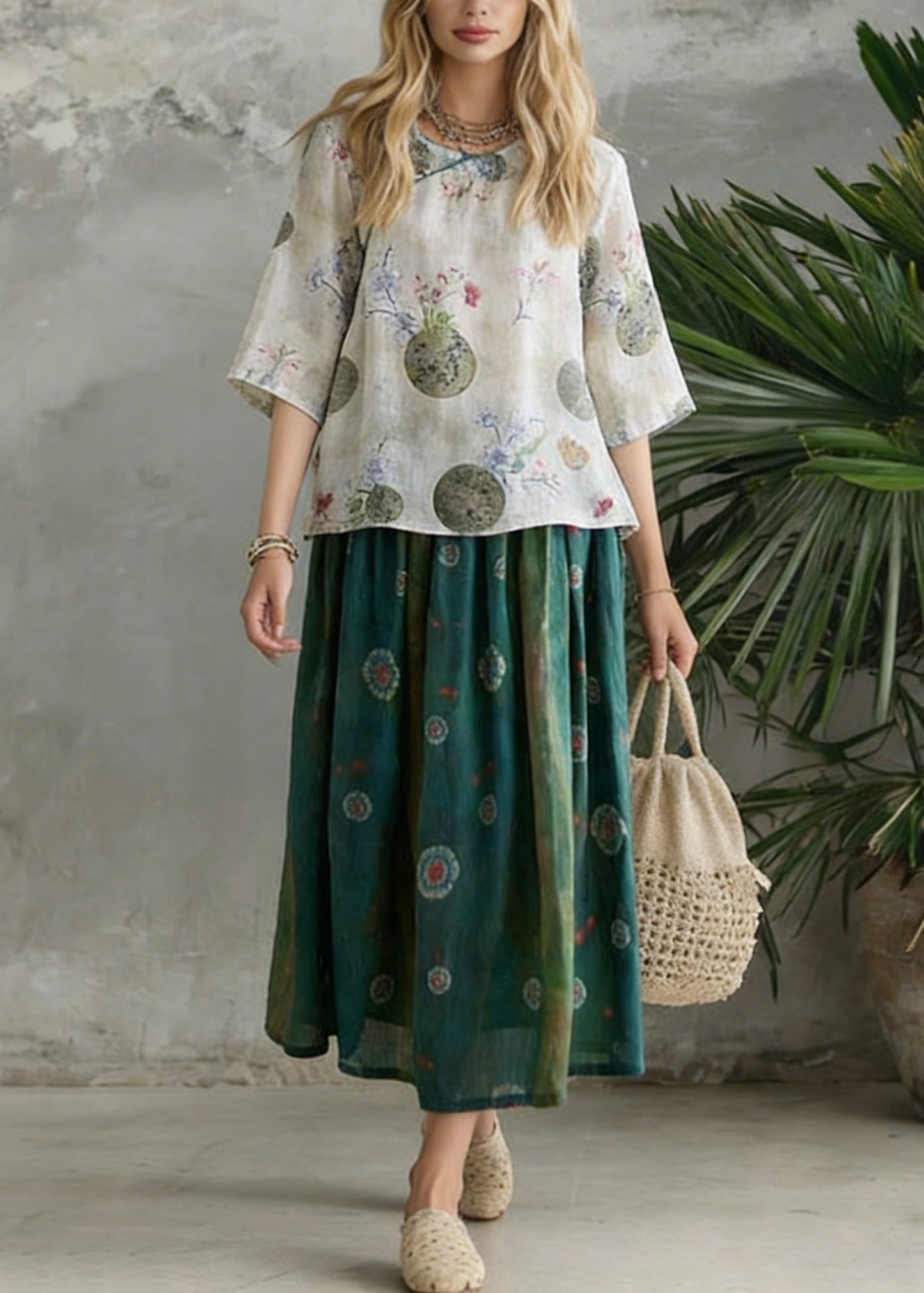 Retro Light Green O-Neck Print Blouse Spring Top