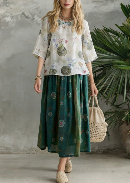 Retro Light Green O-Neck Print Blouse Spring Top