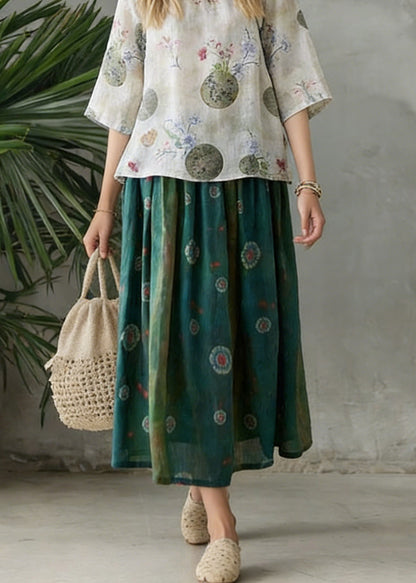 Retro Light Green O-Neck Print Blouse Spring Top
