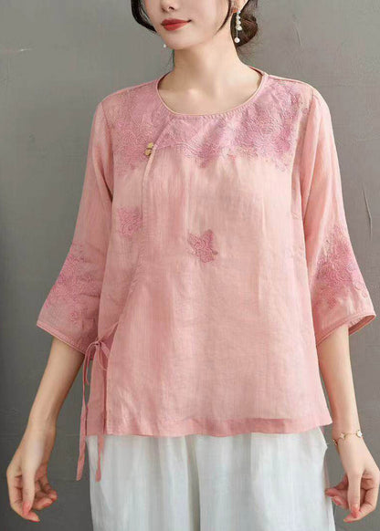 Retro Light Pink Embroidered Tie Waist Linen Top Half Sleeve