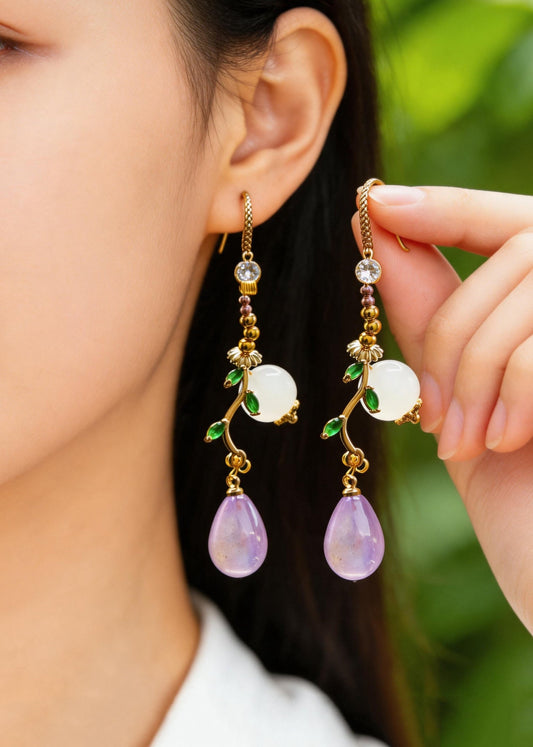 Retro Light Purple Asymmetrical Design Fine Jade Drop Earrings