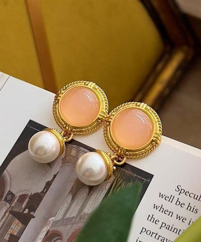 Retro Nude Pink Pearl Alloy Silver Needle Round Drop Earrings
