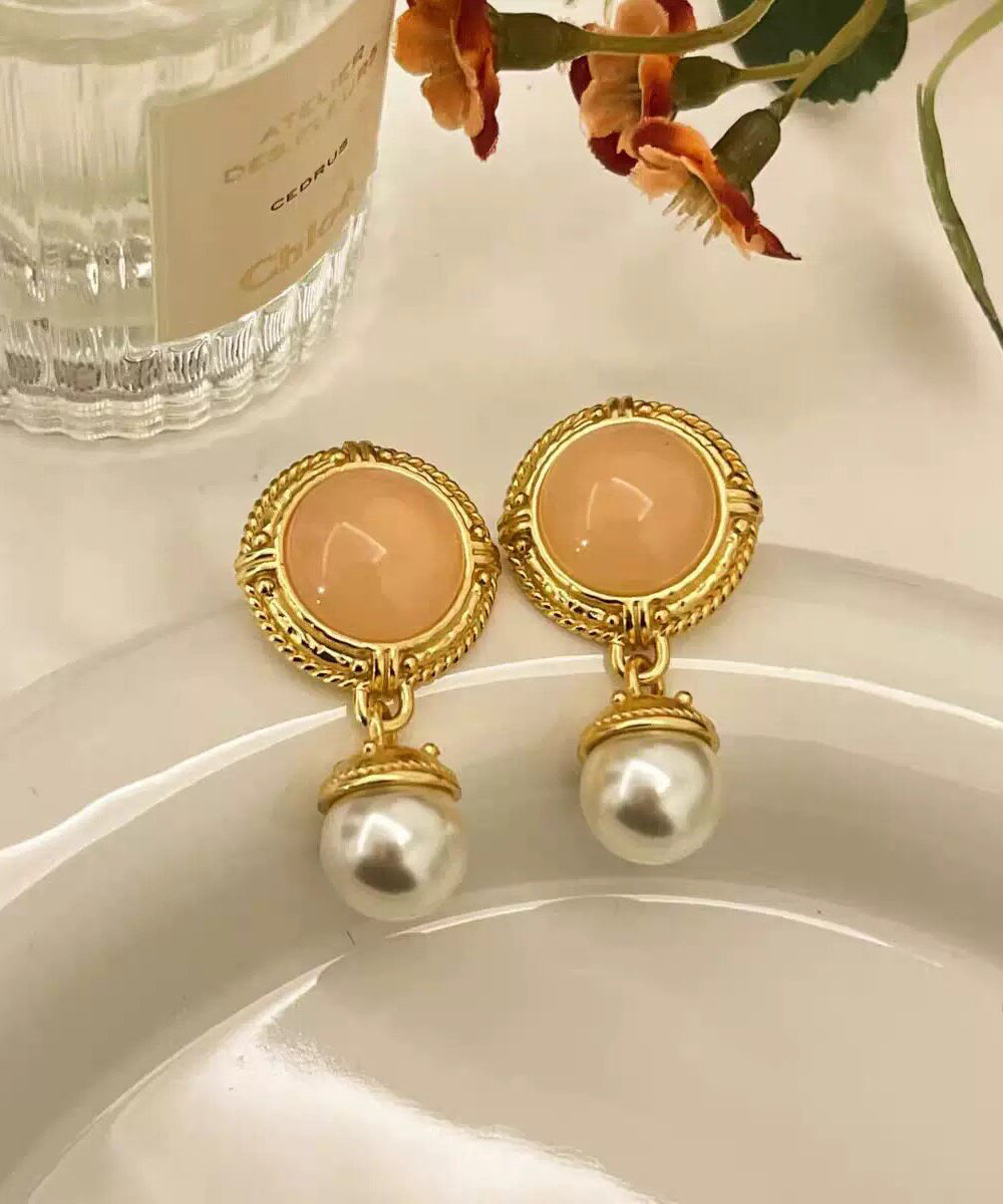 Retro Nude Pink Pearl Alloy Silver Needle Round Drop Earrings
