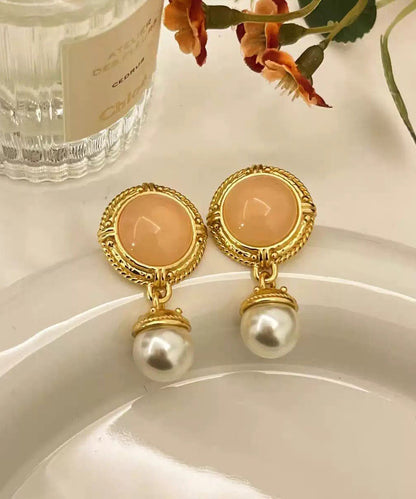 Retro Nude Pink Pearl Alloy Silver Needle Round Drop Earrings