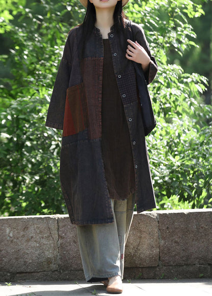 Retro O-Neck Patchwork Button Denim Fabric Maxi Coat Fall