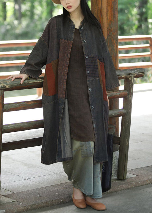 Retro O-Neck Patchwork Button Denim Fabric Maxi Coat Fall