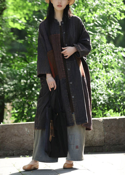 Retro O-Neck Patchwork Button Denim Fabric Maxi Coat Fall