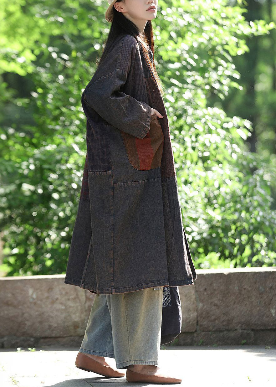Retro O-Neck Patchwork Button Denim Fabric Maxi Coat Fall