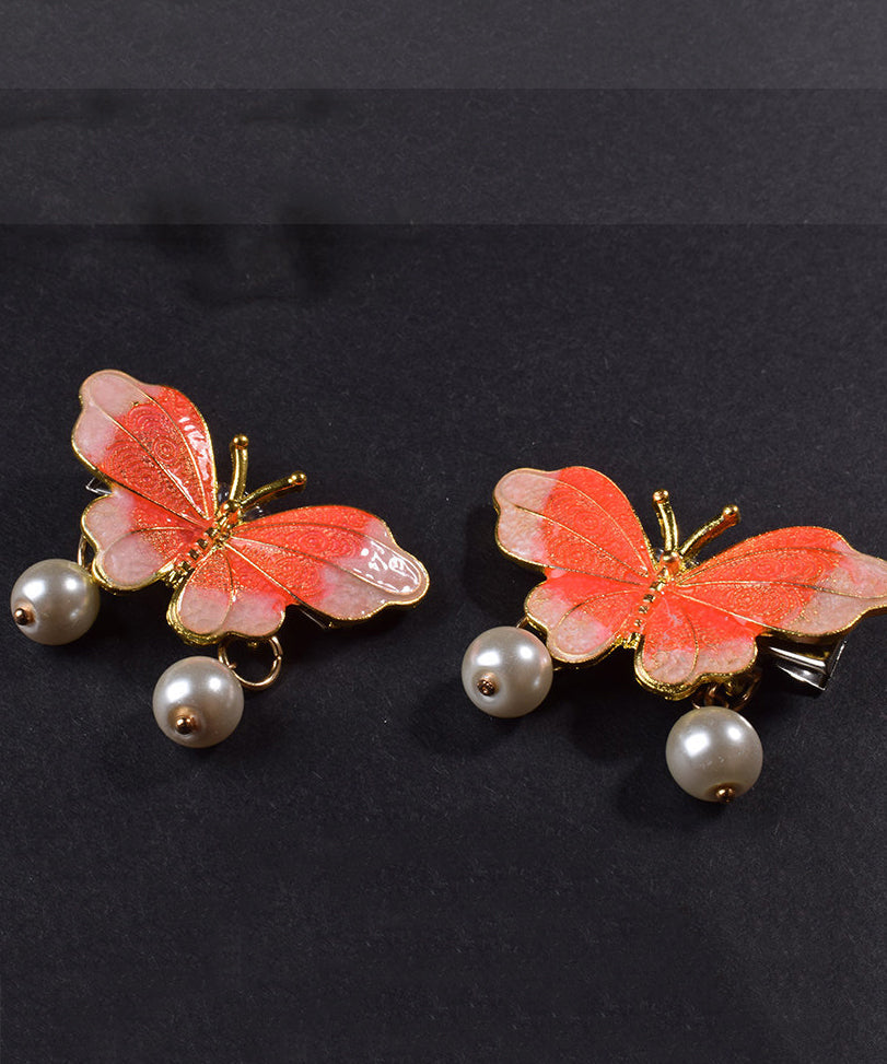Retro Orange Ancient Gold Butterfly Pearl Tassel A Pair Hairpin